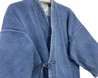 Made in Japan Vintage Kendo Jacket Faded Indigo Blue Woven Cotton Japanese Boro Ninja Style Kimono Robe Light Jacket