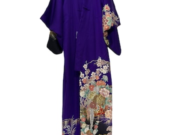 Made in Japan Kimono Purple Silk Yuzen Handpainted Florals Japanese Pattern Kimono Robe Jacket Sashiko Stitch Handmade