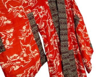 Vintage Showa Kimono Silk Hybrid Crepe Full Florals Pattern Kimono Robe Light Jacket Sashiko Stitch Handmade