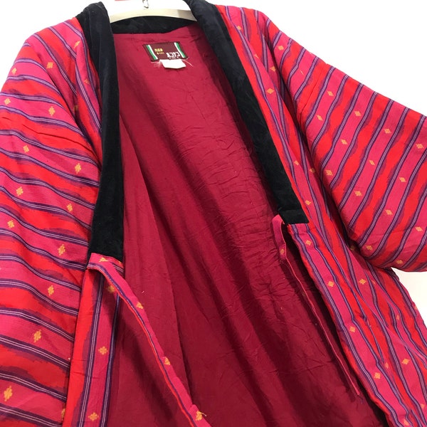 Made in Japan Vintage Hanten Jacket Padding Wadded Striped Kasuri Ikat Drawstring Kimono Robe Warm Winter Jacket