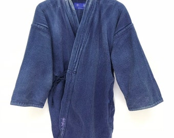 Made in Japan Vintage Kendo Jacket Indigo Blue Woven Cotton Faded Japanese Boro Ninja Style Kimono Light Jacket