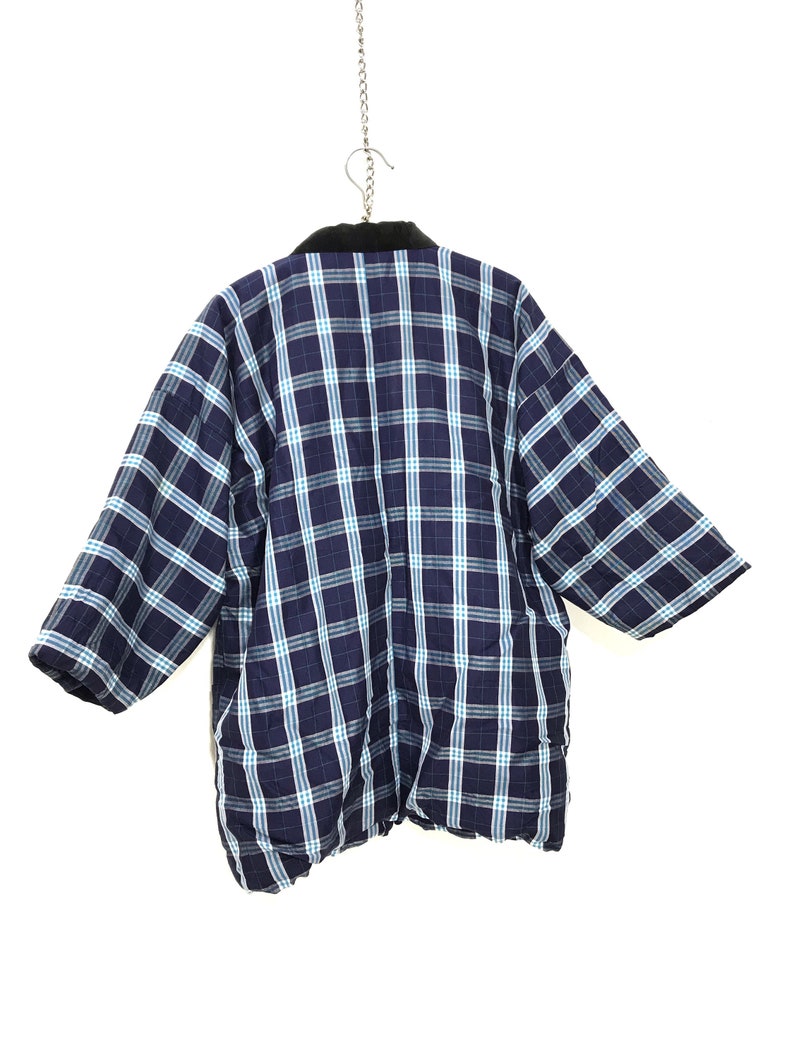 Made in Japan Vintage Hanten Jacket Padding Wadded Blue Check Plaid Patterns Drawstring Kimono Robe Warm Winter Jacket image 6