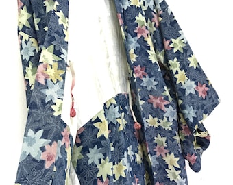Jaqueta leve de seda haori vintage feita no japão, cordão floral asiático, jaqueta leve kimono feita à mão, ponto sashiko
