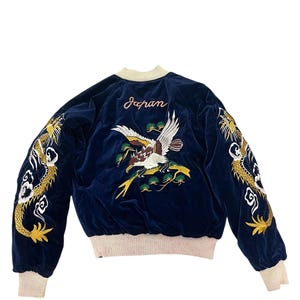 Reversible Vintage Sukajan Velvet Rayon Embroidery Hawks Dragons Panther Souvenir Jacket Japan Military World War II Memorial Bomber Jacket