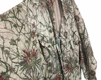 Made in Japan Vintage Haori Silk Florals Drawstrings Kimono Robe Light Jacket Handmade Sashiko