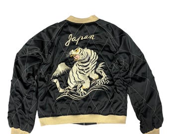 Reversible Vintage Sukajan Sateen Embroidery White Tigers Roar Souvenir Jacket Japan Military World War II Memorial Bomber Jacket
