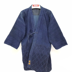 ジャケット・アウター KENDO DIAMOND PATTERN NO-COLLAR JACKET Made in Japan Vintage Kendo Jacket Indigo Blue Woven Cotton