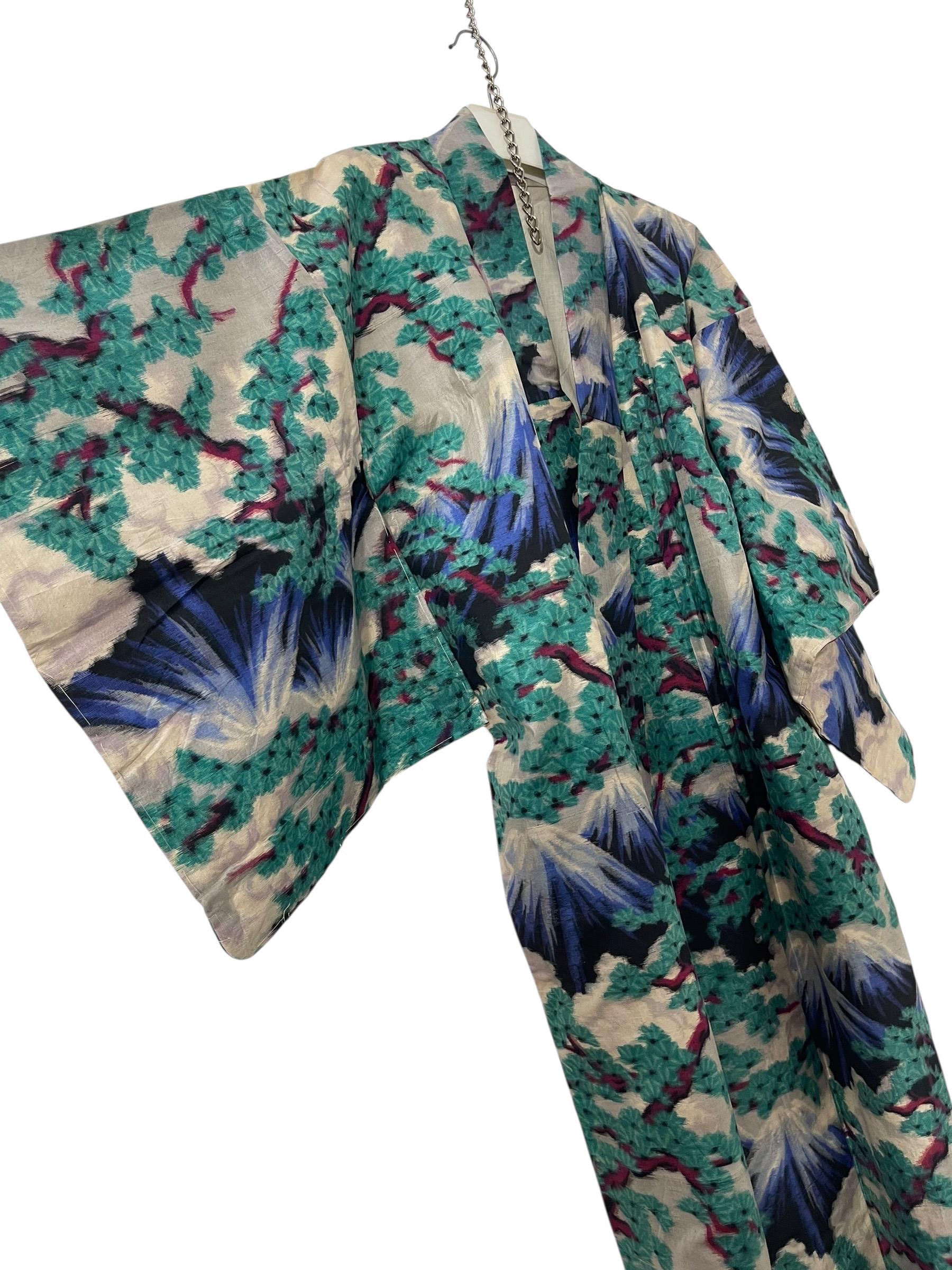 Antique Showa Silk Kimono Kasuri Ikat Fuji Sakura Pattern Kimono