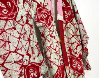Antique Taisyo Nagajuban Kimono Cotton Shibori Tie Dye Florals Pattern Kimono Robe Light Jacket Sashiko Stitch Handmade