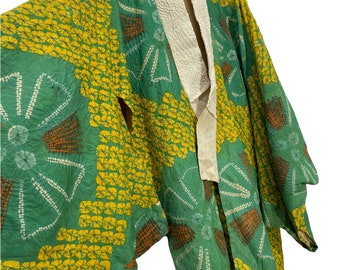 Made in Japan Vintage Juban Old Kimono Green Shibori Tie Die Pleated Florals Pattern Kimono Robe Jacket Sashiko Stitch Handmade