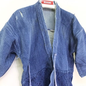Japanese Boro Kendo Jacket Vintage Blue Indigo Dyed Woven Cotton Drawstrings Kimono Boro Destroyed Sashiko Stitch