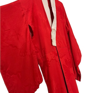 Made in Japan Vintage Red Thin Silk Juban Jacquard Pattern Kimono Robe Light Jacket Sashiko Stitch Handmade