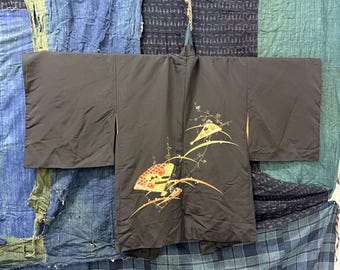Vintage Haori Black Silk Kimono Full Yuzen Japanese Patterns Kimono Robe Light Jacket Handmade Sashiko 4