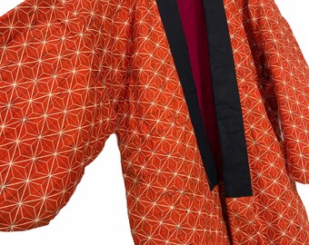 Made in Japan Vintage Hanten Wool Jacket Padding Wadded Fully Handmade Geometric Pattern Kimono Robe Warm Winter Jacket Sashiko