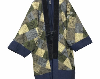 Made in Japan Vintage Reversible Hanten Jacket Padding Wadded Fully Handmade FullPattern Drawstring Kimono Robe Warm Winter Jacket