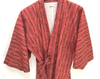 Japanese Traditional Haori Light Jacket Wool Drawstrings Striped
