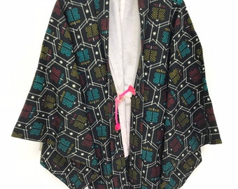 Made in Japan Vintage Haori Silk Light Jacket Fullprinted Geometric Drawstring Kimono Light Jacket Hand Made Sashiko Stitch