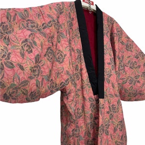 Hecho en Japón Vintage Hanten lana rosa chaqueta acolchado wadded floral patrón hecho a mano kimono bata cálida chaqueta de invierno