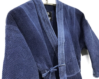 Made in Japan Vintage Kendo Noragi Jacket Indigo Blue Woven Cotton Beauty Faded Japanese Boro Ninja Style Kimono Jacket