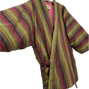 Hecho en Japón Vintage Hanten chaqueta acolchado wadded patrón de rayas cordón hecho a mano kimono bata cálida chaqueta de invierno