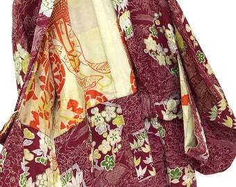 Made in Japan Vintage Haori Silk Kimono Asian Florals No Drawstrings Kimono Light Jacket Hand Made Sashiko Stitch