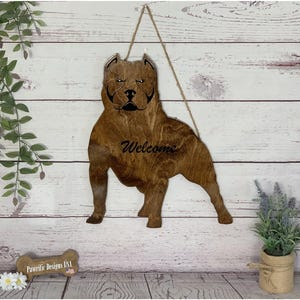 American Bully wood door hanger welcome sign - Pitbull - Handmade Gift Decor - Wall Art - Great Birthday Gift for Her, Him, Mom, Dad