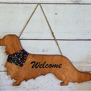 Longhaired Dachshund Wood Door Hanger, Wall Art Hanging Welcome Sign Home Decor, Puppy Dog Birthday Mothers Day Handmade Gift for Her Mom ColorfulPawsBandanna