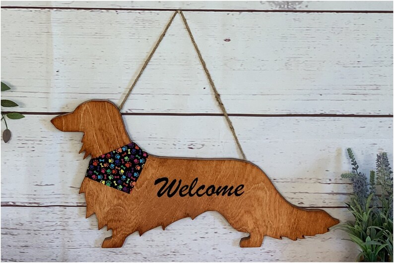 Longhaired Dachshund Wood Door Hanger, Wall Art Hanging Welcome Sign Home Decor, Puppy Dog Birthday Mothers Day Handmade Gift for Her Mom ColorfulPawsBandanna