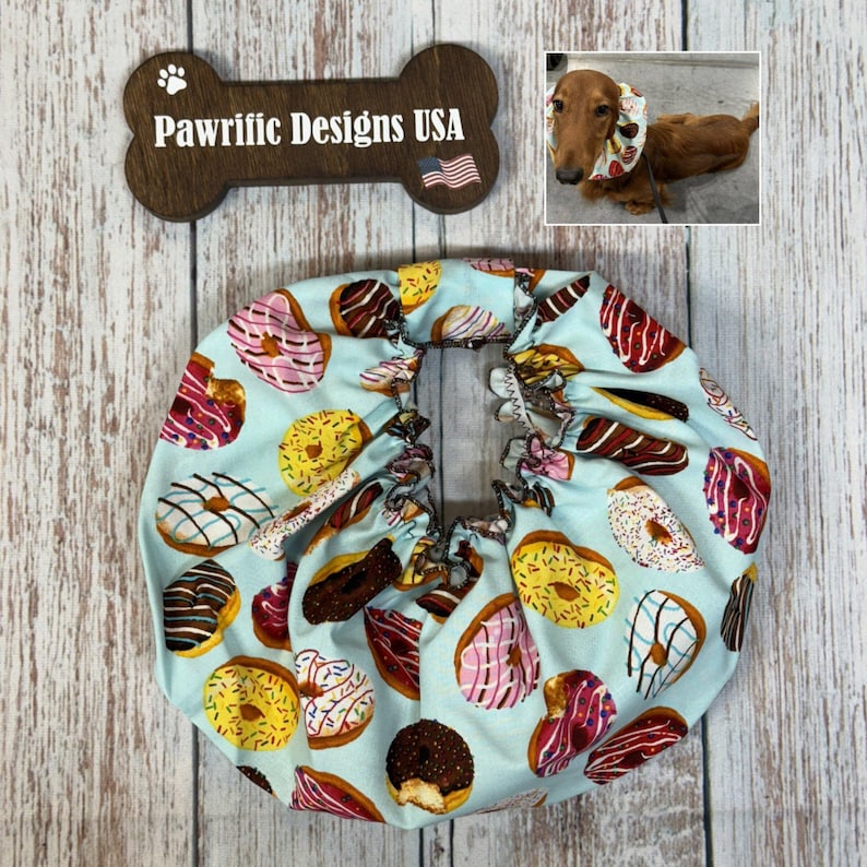 Dog Snood for Dachshunds and Cavalier King Charles Spaniels and any long eared dog. It is an ear cover to protect ears while eating.