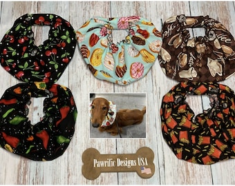 Dog Snood Food Print Fabric, Cavalier King Charles Spaniel Feeding Protect Ears, Puppy Handmade Gift, Cocker Spaniel Ear Fringe, Ear Cover
