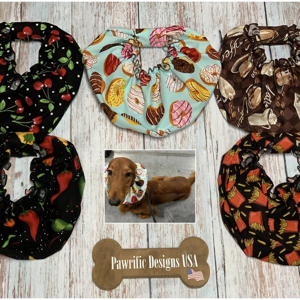 Dog Snood Food Print Fabric, Cavalier King Charles Spaniel Feeding Protect Ears, Puppy Handmade Gift, Cocker Spaniel Ear Fringe, Ear Cover