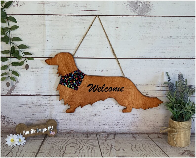 Longhair Dachshund Wood Door Hanger Wall Art Hanging.