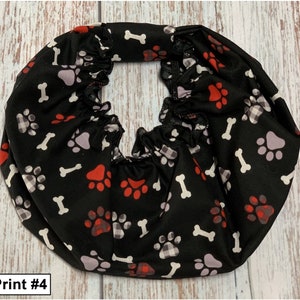 Dog Snoods from Dog Print Fabrics for Cavalier King Charles Spaniels and other drop ear dog breeds to protect ears while eating.