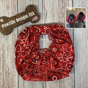 Red Bandanna Dog Snood for Cavalier and Cocker Spaniel to Protect Ears while eating - Also fits Basset Hounds, Dachshunds, Springer Spaniels