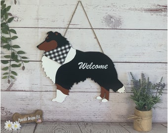Collie Sheltie Wood Door Hanger, Shetland Sheepdog Wall Art Hanging Welcome Sign, Silhouette Birthday Mothers Day Handmade Gift for Her Mom