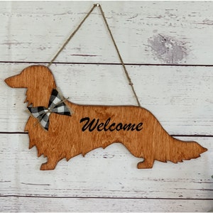 Longhaired Dachshund Wood Door Hanger, Wall Art Hanging Welcome Sign Home Decor, Puppy Dog Birthday Mothers Day Handmade Gift for Her Mom BlackWhiteBow