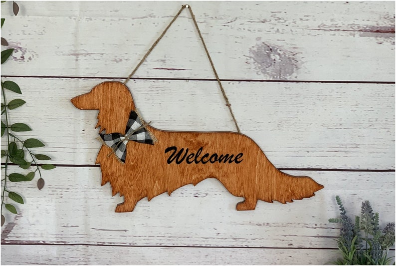 Longhaired Dachshund Wood Door Hanger, Wall Art Hanging Welcome Sign Home Decor, Puppy Dog Birthday Mothers Day Handmade Gift for Her Mom BlackWhiteBow