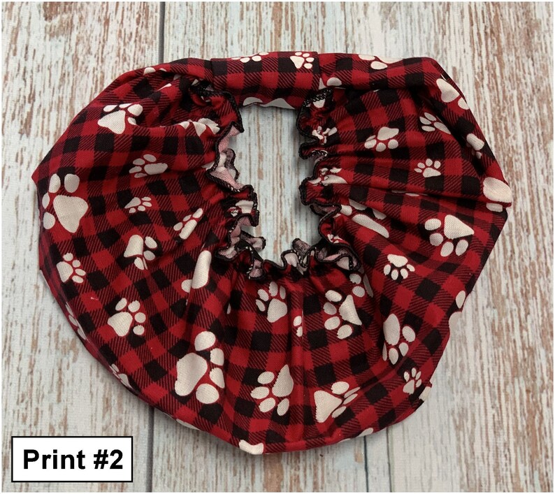 Dog Snoods from Dog Print Fabrics for Cavalier King Charles Spaniels and other drop ear dog breeds to protect ears while eating.