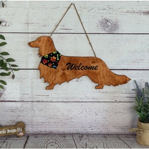 Longhaired Dachshund Wood Door Hanger, Wall Art Hanging Welcome Sign Home Decor, Puppy Dog Birthday Mothers Day Handmade Gift for Her Mom