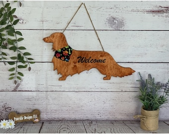 Longhaired Dachshund Wood Door Hanger, Wall Art Hanging Welcome Sign Home Decor, Puppy Dog Birthday Fathers Day Handmade Gift for Her Mom