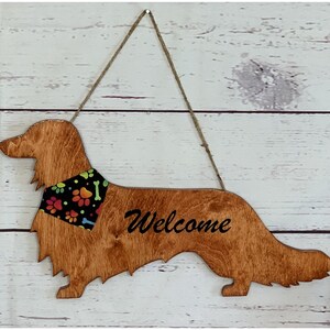 Longhaired Dachshund Wood Door Hanger, Wall Art Hanging Welcome Sign Home Decor, Puppy Dog Birthday Mothers Day Handmade Gift for Her Mom TieDyePawsBandanna