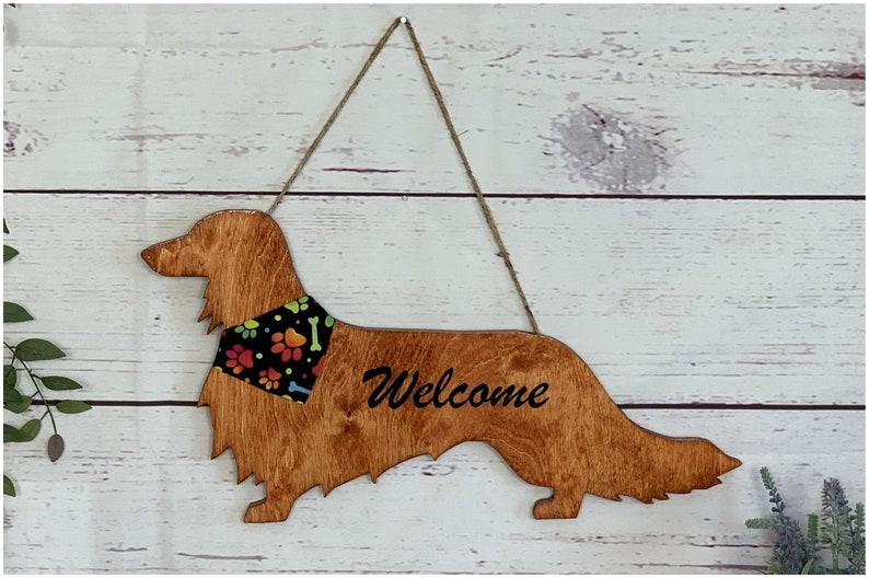 Longhaired Dachshund Wood Door Hanger, Wall Art Hanging Welcome Sign Home Decor, Puppy Dog Birthday Mothers Day Handmade Gift for Her Mom TieDyePawsBandanna
