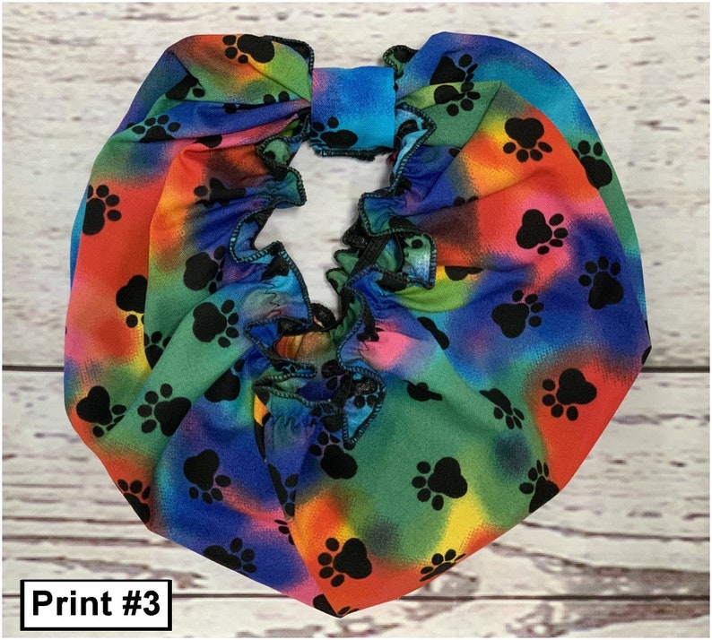 Dog Snoods from Dog Print Fabrics for Cavalier King Charles Spaniels and other drop ear dog breeds to protect ears while eating.