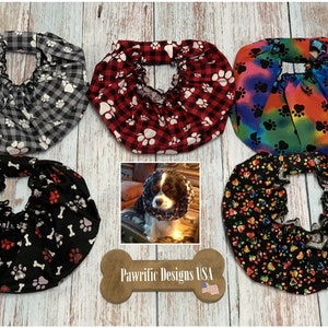 Dog Snoods from Dog Print Fabrics for Cavalier King Charles Spaniels and other drop ear dog breeds to protect ears while eating.