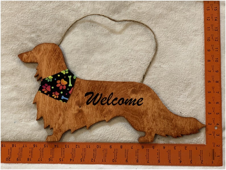 Longhaired Dachshund Wood Door Hanger, Wall Art Hanging Welcome Sign Home Decor, Puppy Dog Birthday Mothers Day Handmade Gift for Her Mom image 4