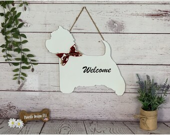 West Highland White Terrier Wood Door Hanger, Westie Wall Art Welcome Door Sign, Dog Lover Birthday Handmade Gift for Her Mom Fathers Day