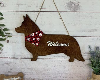 Cardigan Welsh Corgi Welcome Door Sign - Wood Wall Art Hanging