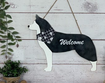 Siberian Husky Welcome Door Sign - Handmade Wood Wall Art Hanging