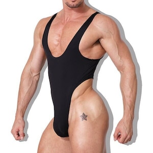 Men's Silky Smooth Fitted One Piece Thong Bodysuits - Men's Singlet Leotard