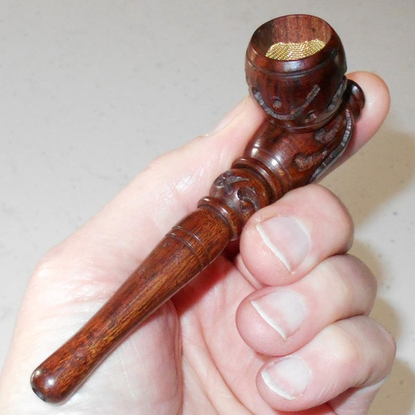 Carved Rosewood 4 1/2" Smoking Pipe w/Detachable Bowl ~ FREE SHIPPING & 6 Brass Screens Included! Tobacco Pipe, Wooden Pipe, Pipes